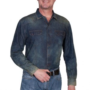 Men’s Scully® Signature Series Long Sleeve 100% Cotton Mini Dot Print Wash Down Denim Shirt, #PS-119 Blue (M, ONLY!)