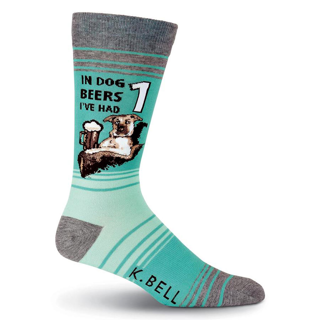 Men’s K. BELL Novelty Crew Socks, In Dog Beers Turquoise