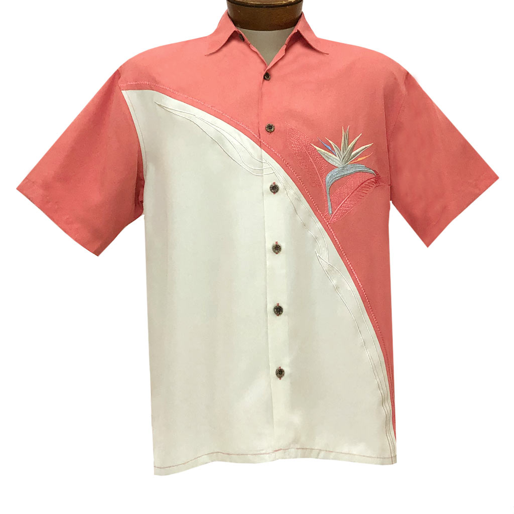 Men's Bamboo Cay Short Sleeve Embroidered Shirt, Crescent Bird Of Paradise #WB5 Salmon