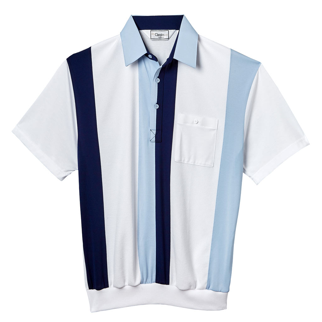 Men's Classics By Palmland Short Sleeve Vertical Pieced Knit Banded Bottom Shirt #6010-121 Light Blue