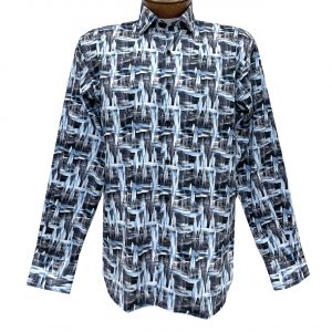 Men’s Luchiano Visconti Signature Collection Slash Marks Print Long Sleeve Sport Shirt #4552 Blue White Grey (L, ONLY!)