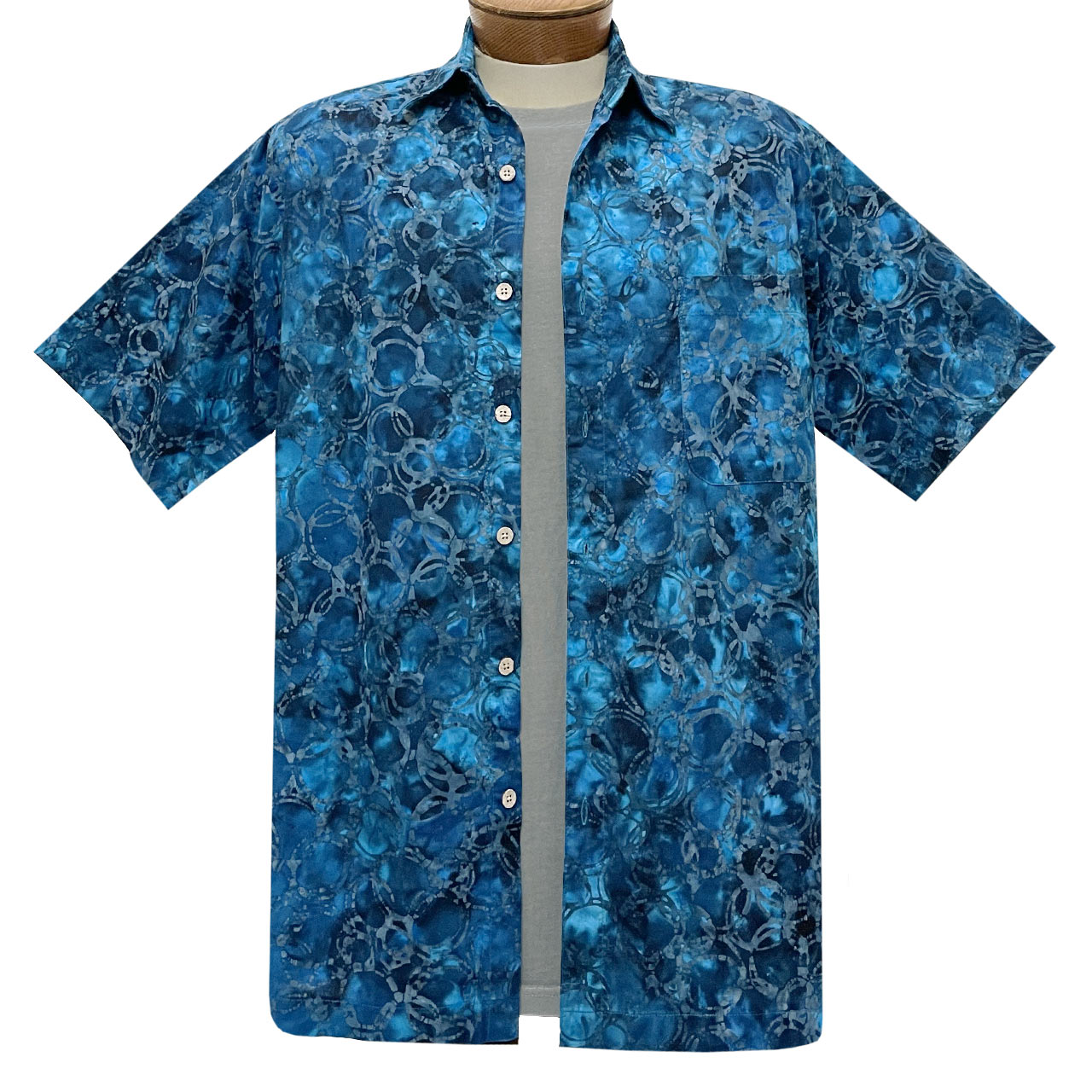 Men's R. Options Batik Short Sleeve Cotton Aloha Shirt, Blue Rings #62240-3 Deep Ocean Blue