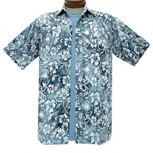 Men’s R. Options Batik Short Sleeve Cotton Shirt, Retro Hawaii Floral #62242-3 Fade Blue/White (L ONLY!)