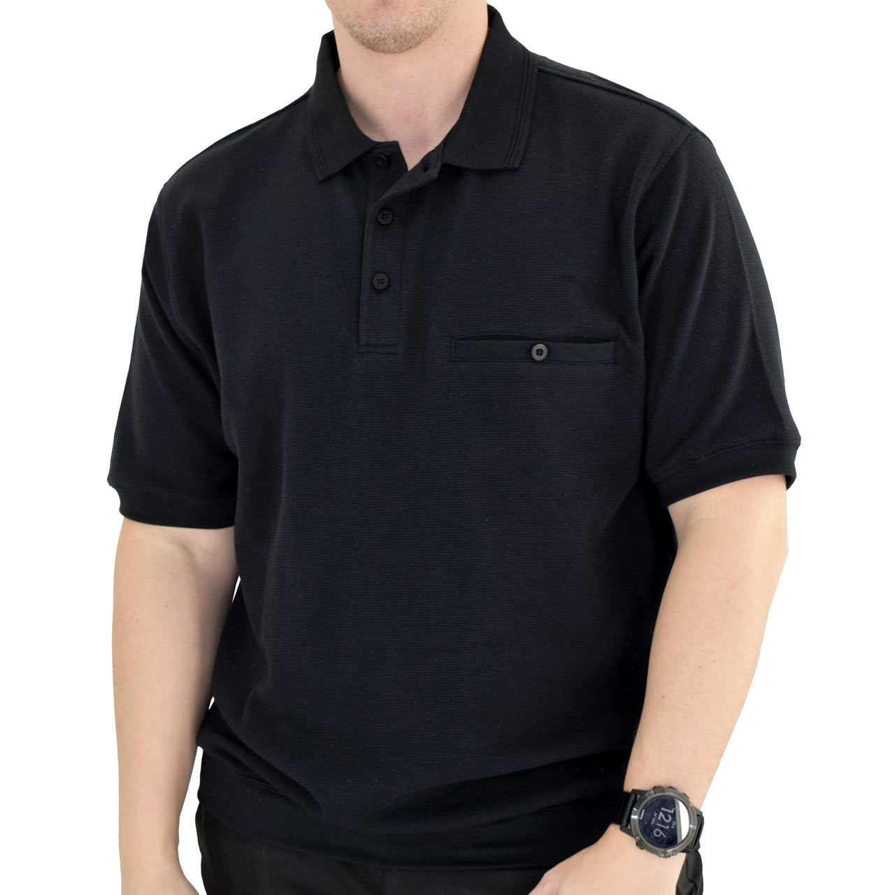 Men's Classics By Palmland Short Sleeve Polo Knit Banded Bottom Shirt #6070-100 Black