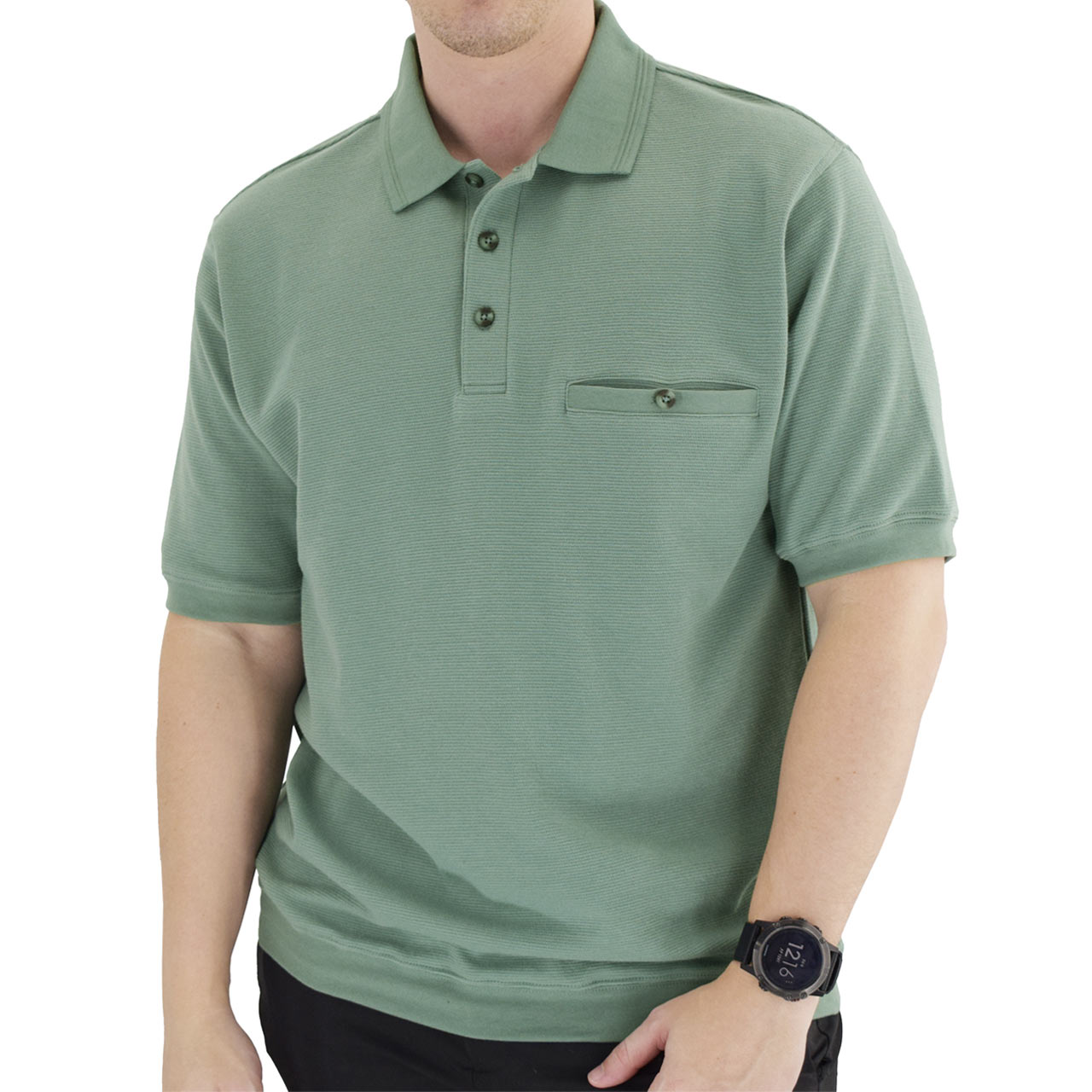Men's Classics By Palmland Short Sleeve Polo Knit Banded Bottom Shirt #6070-100 Sage