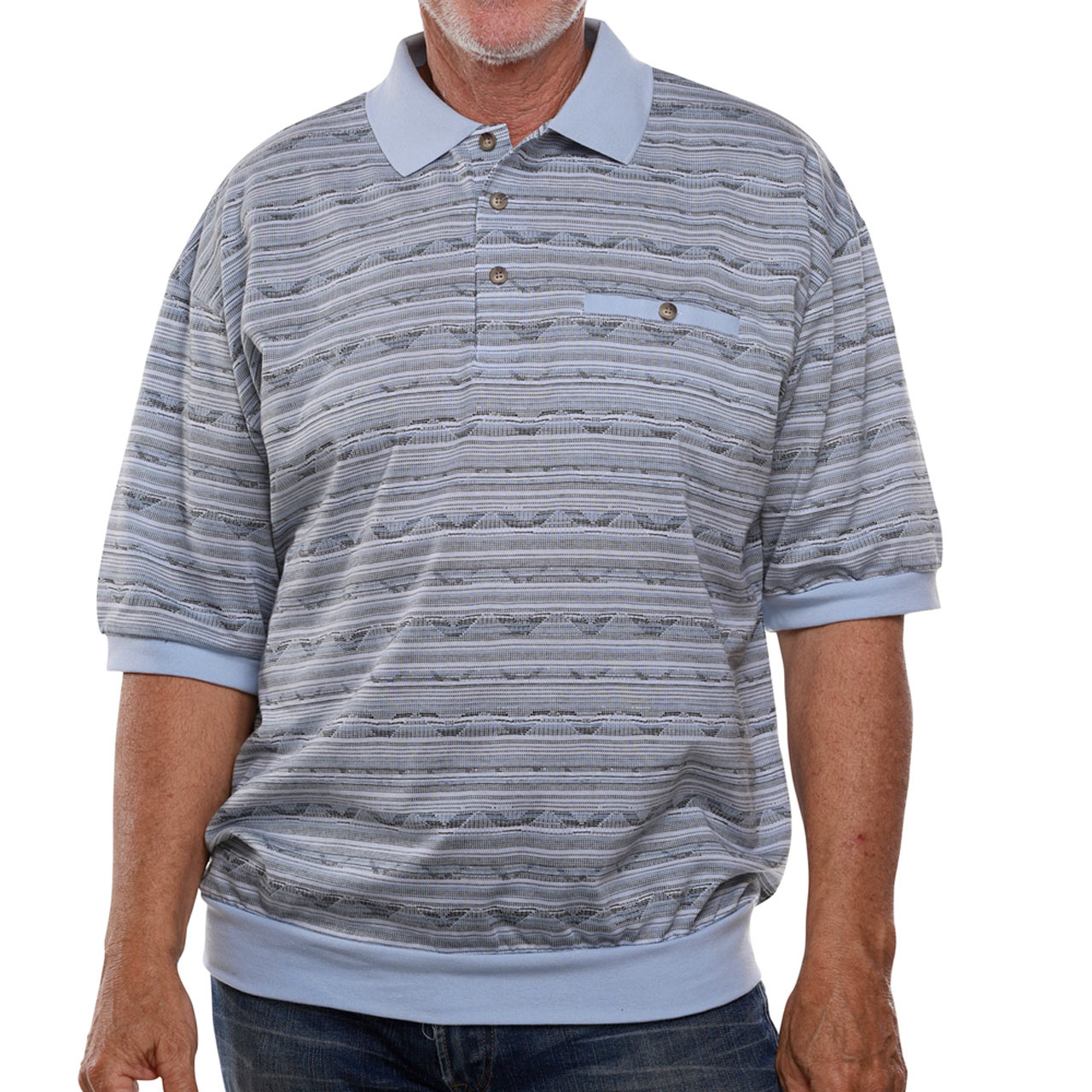 Men's Classics By Palmland Short Sleeve Polo Knit Allover Design Banded Bottom Shirt #6191-328 Light Blue