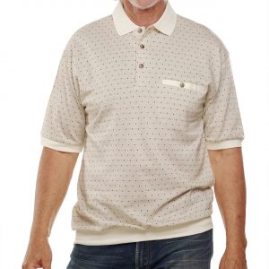 Men’s Classics By Palmland Short Sleeve Polo Knit Allover Design Banded Bottom Shirt #6091-100 Natural