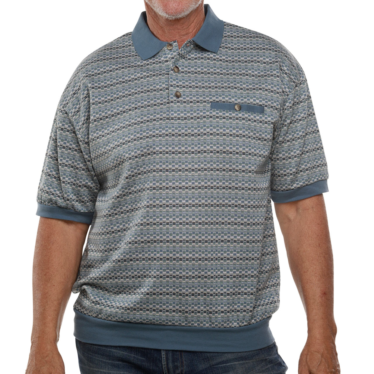 Men's Classics By Palmland Short Sleeve Polo Knit Allover Design Banded Bottom Shirt #6091-101 Marine Blue