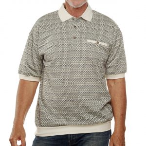 Men’s Classics By Palmland Short Sleeve Polo Knit Allover Design Banded Bottom Shirt #6091-101 Natural