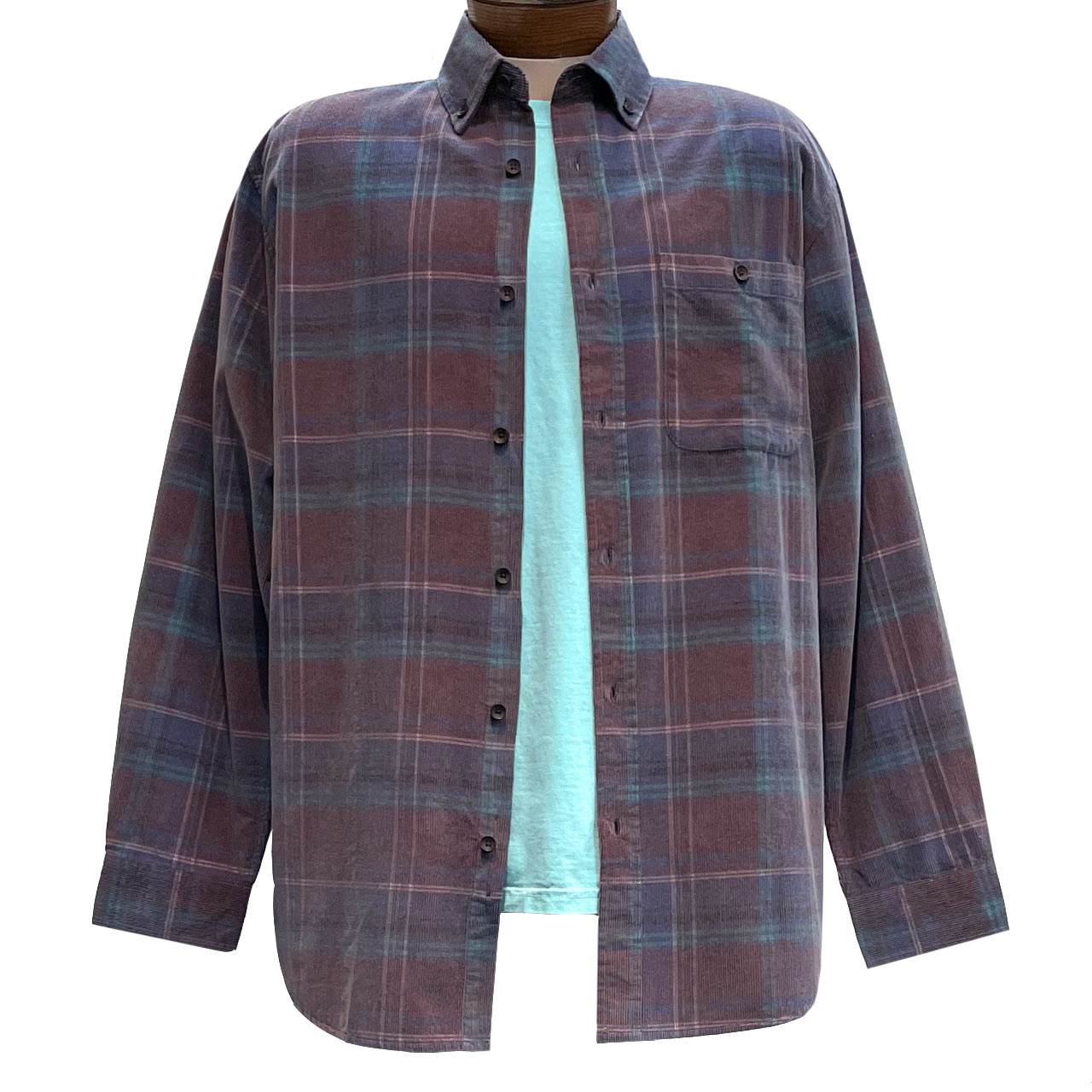 Men's R. Options Corduroy Long Sleeve Yarn Dyed Plaid Sport Shirt, #82241-9B Wine/Aqua
