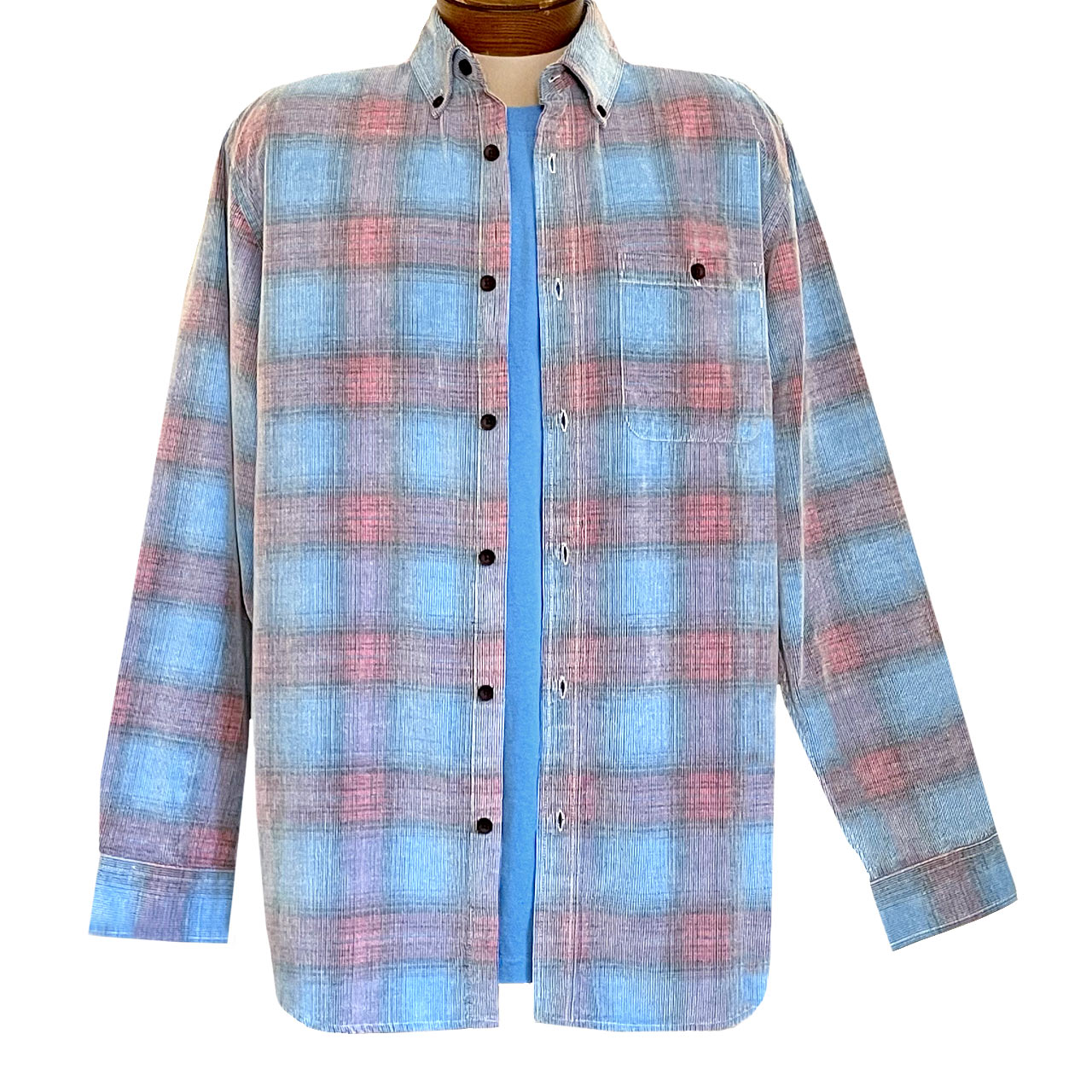 Men's R. Options Corduroy Long Sleeve Yarn Dyed Plaid Sport Shirt, #81043-28A Royal Blue/Red