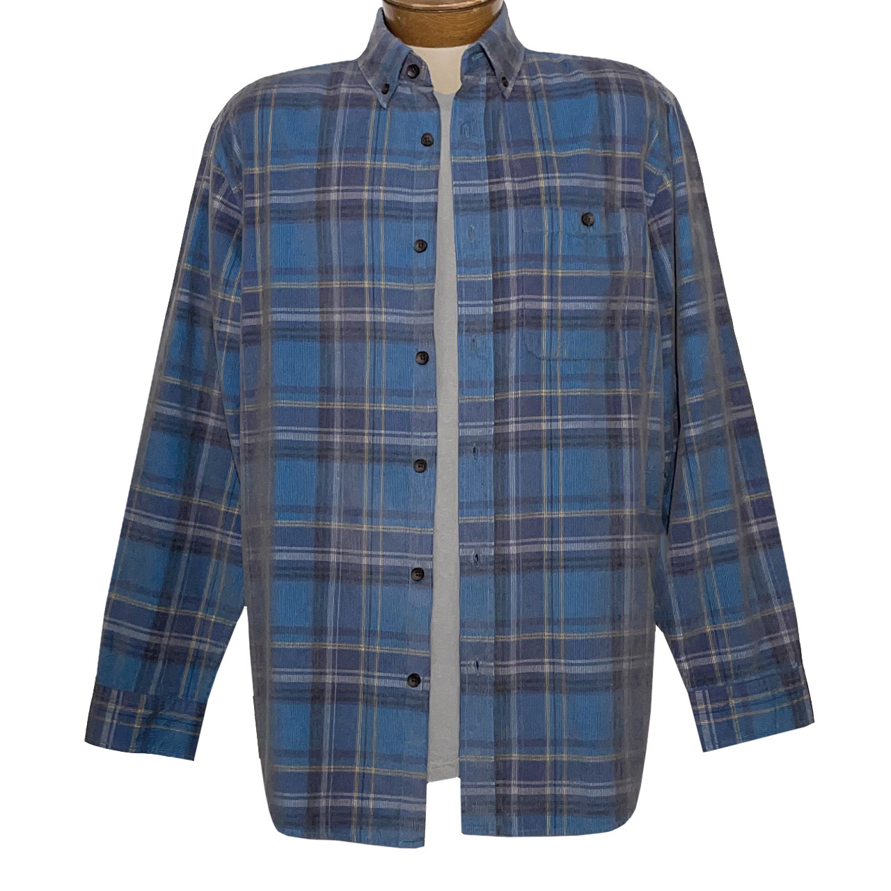 Men's R. Options Corduroy Long Sleeve Yarn Dyed Plaid Sport Shirt, #82241-3B Blue/Navy