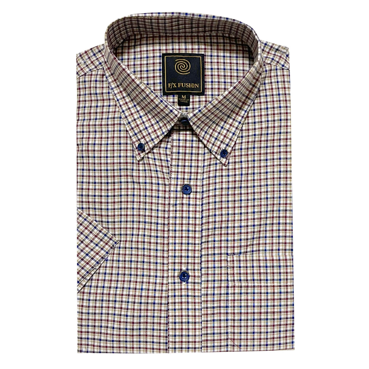 Men's F/X Fusion Short Sleeve Mini Check Button Front Sport Shirt #D1671 Tan/Burgundy