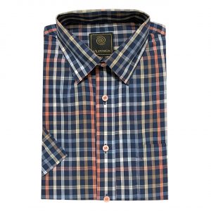 Men’s F/X Fusion Short Sleeve Multi Check Button Front Sport Shirt #D1674 Navy/Coral (M, ONLY!)