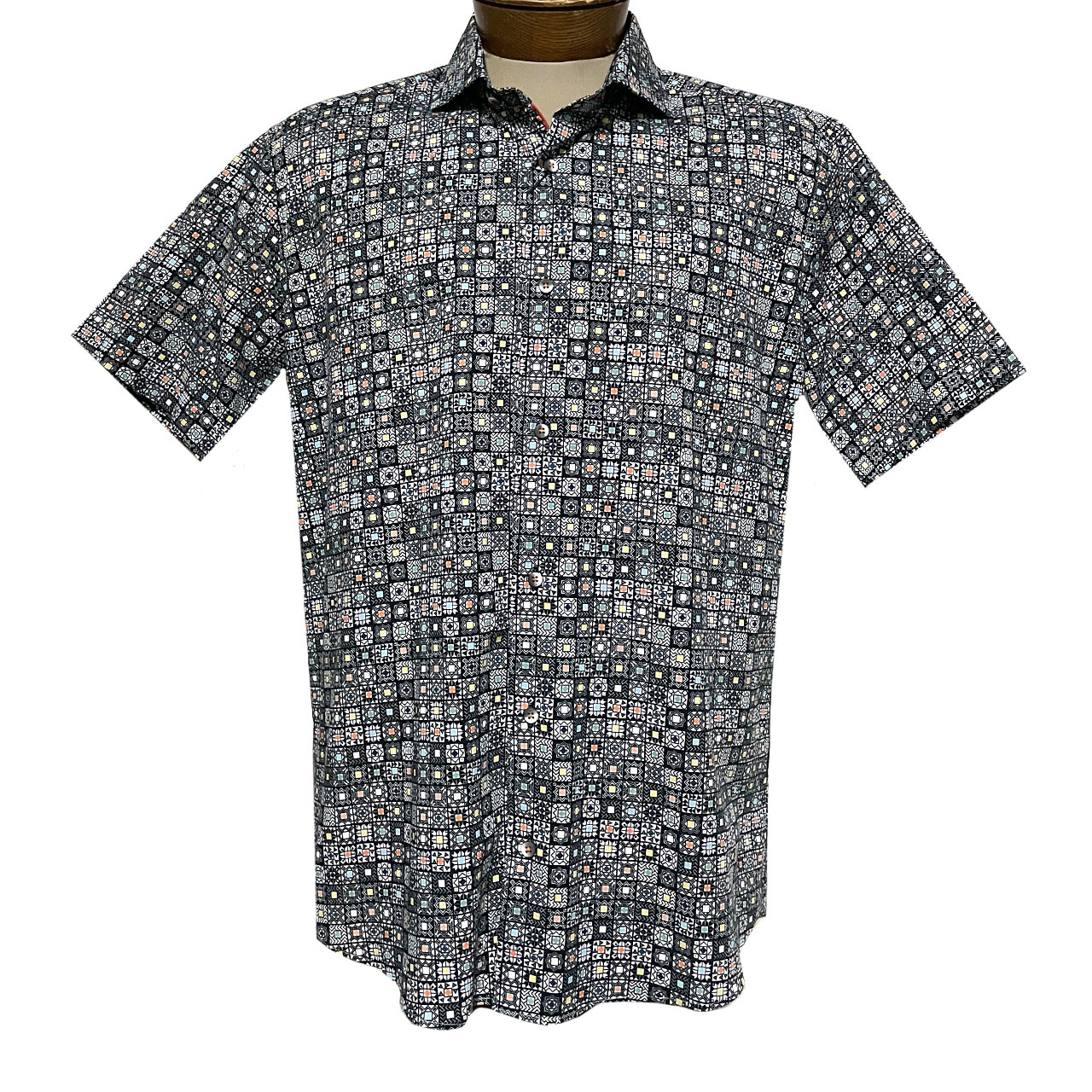 Men’s 7 Downey Street Short Sleeve Digital Print Sport Shirt, Aspin Black Multi