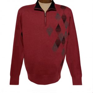 Men’s  F/X Fusion Quarter Zip Asymmetrical Argyle Mock Neck Sweater, #7030 Red (XL, ONLY!)
