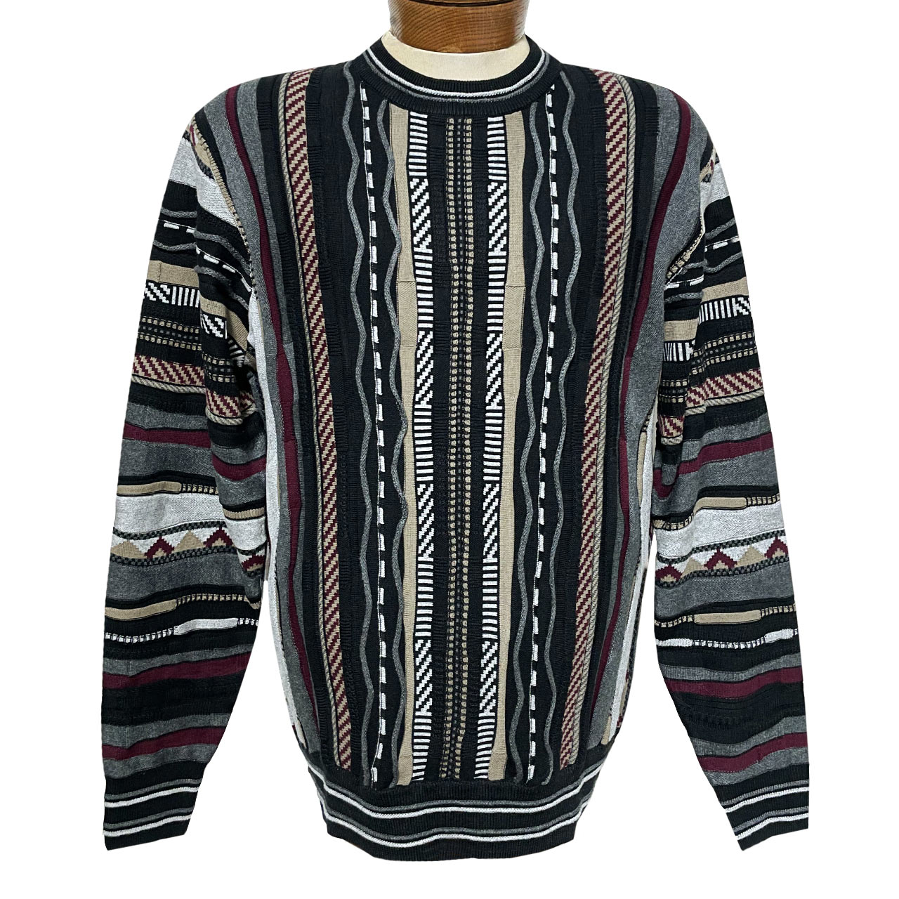 Men's F/X Fusion Vertical Multi Stitch Textured Novelty Crew Neck Sweater #7036 Black