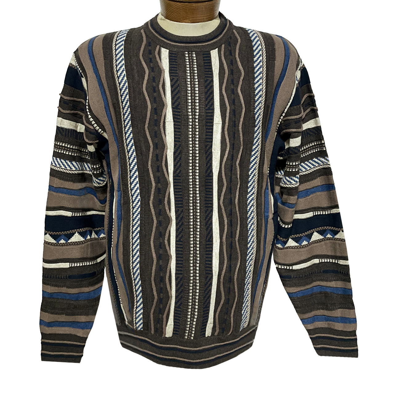 Men's F/X Fusion Vertical Multi Stitch Textured Novelty Crew Neck Sweater #7036 Brown