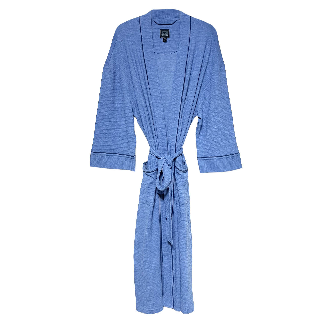 Men's Majestic International Knit Waffle Weave Kimono Unisex Robe #1850120, Blue With Navy Piping
