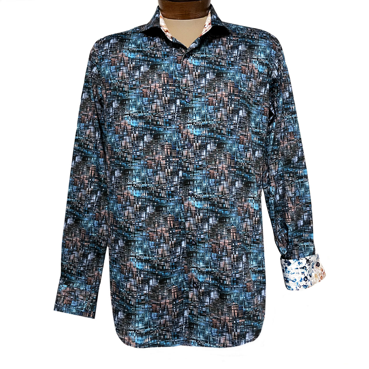 Men's 7 Downey Street Long Sleeve Digital Print Sport Shirt With Contrast Trim #8658A Multi