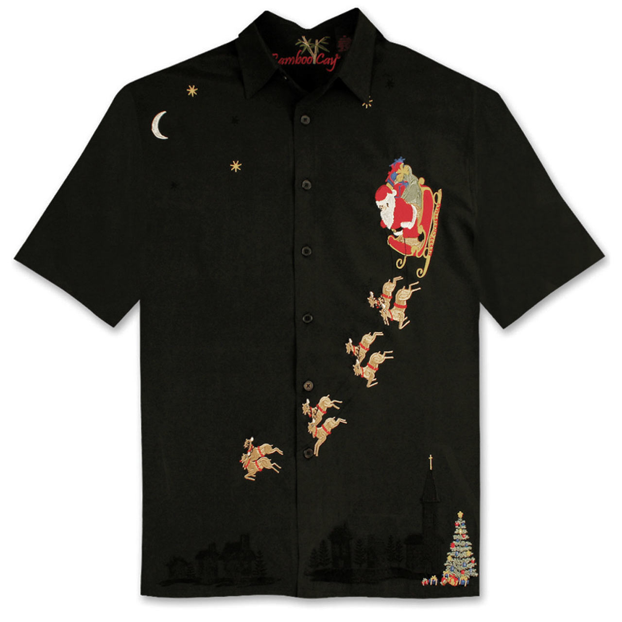 Men's Bamboo Cay Short Sleeve Embroidered Limited Edition Aloha Christmas Shirt, Santa's Landing #SN2207 Black