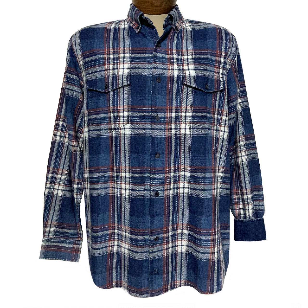 Men's F/X Fusion 100% Cotton Washed Plaid Long Sleeve Sport Shirt #C504 Indigo/Red