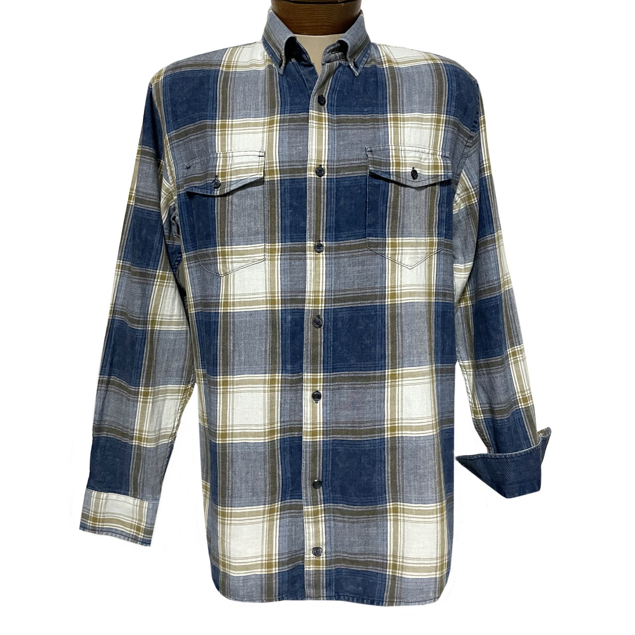 Men's F/X Fusion 100% Cotton Washed Plaid Long Sleeve Sport Shirt #C506 Tan/Indigo