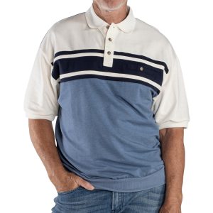 Men’s Classics By Palmland Short Sleeve Horizontal Pieced Knit Banded Bottom Polo Shirt #6090-BL1, Blue Heather
