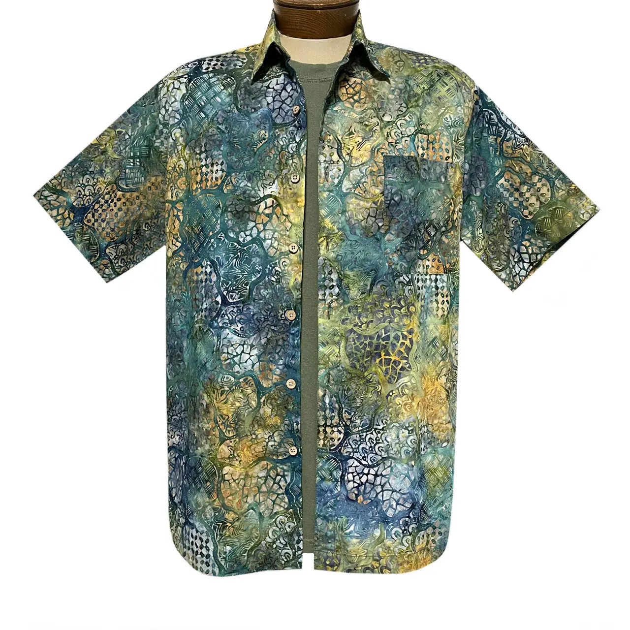 Men\'s Cellular Options - Batik David Abstract (XL, ONLY!) Shirt, Short Sleeve for Cotton 62347-4 Men Green/Gold/Blue R. Richard