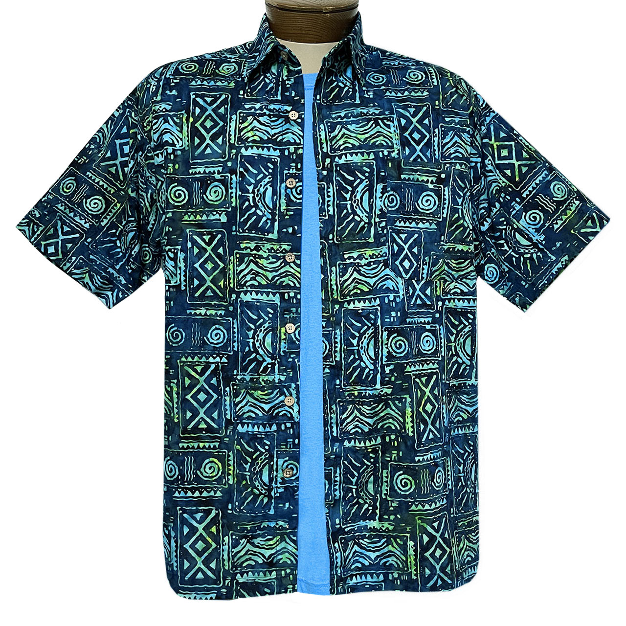 Men's R. Options Batik Short Sleeve Cotton Shirt, Totem Squares 62340-4 Green/Royal/Navy