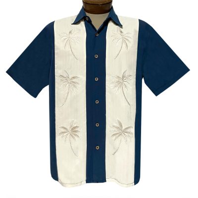 Men’s Bamboo Cay Short Sleeve Embroidered Aloha Camp Shirt, Paneled Pacific Palms #WB2002, Navy