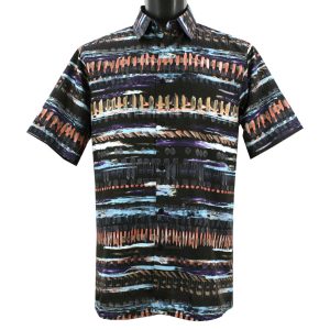Men’s Bassiri Short Sleeve Button Front Microfiber Sport Shirt #1031 Black Multi
