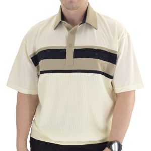 Men’s Classics By Palmland Short Sleeve Horizontal Pieced Knit Banded Bottom Shirt #6010-BL12, Natural