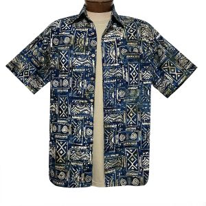 Men’s R. Options Batik Short Sleeve Cotton Shirt, Primitive Pattern #62340-3 Navy/Tan