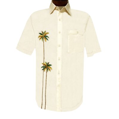Men's Weekender Short Sleeve Embroidered Aloha Shirt, Twin Palms #M031948 Ivory