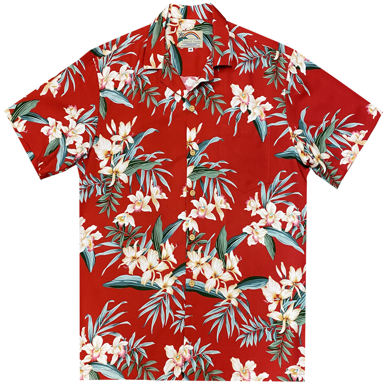 Men's Paradise Found Aloha Short Sleeve Hawaiian Camp Shirt, Orchid Ginger, Red