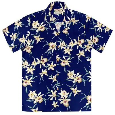 This classic Star Orchid in navy men's Hawaiian shirt is made of 100% rayon and has a matched pocket and real wood buttons. This is the navy version of the popular black version of the shirt that has been worn on Magnum PI. Back in the 1980s, the Star Orchid shirt came in many colors besides black. We are making this color available for the first time in years. This print features white orchid flowers on a deep navy background.