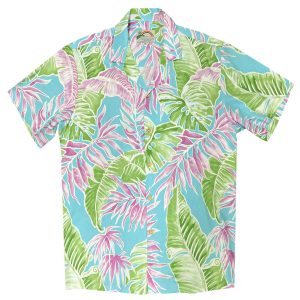 Men’s Paradise Found Aloha Short Sleeve Hawaiian Camp Shirt, Cabana Palms, Aqua
