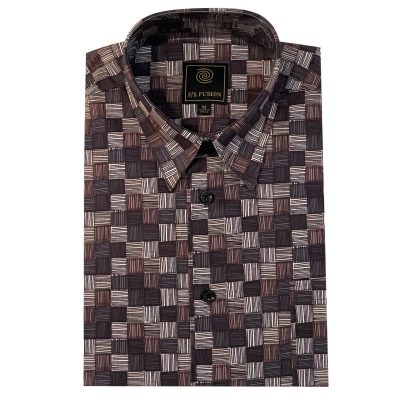Men's F/X Fusion All Cotton Square Bottom Digital Print Short Sleeve Sport Shirt, Woodcut Patchwork #FW2064, Black/Tan