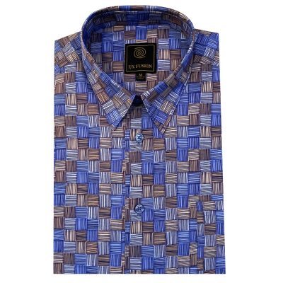Men's F/X Fusion All Cotton Square Bottom Digital Print Short Sleeve Sport Shirt, Woodcut Patchwork #FW2064, Brown/Blue