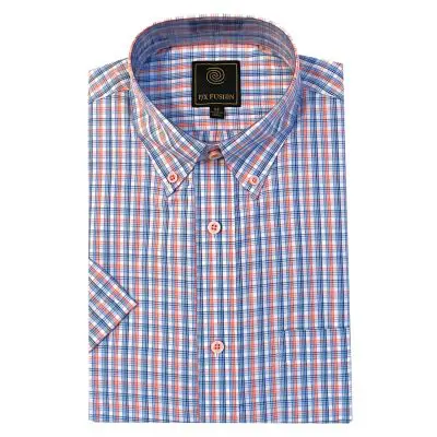 Men's F/X Fusion Short Sleeve Wrinkle Resistant Woven Multi Check Sport Shirt, #D2031, Coral/Blue/White